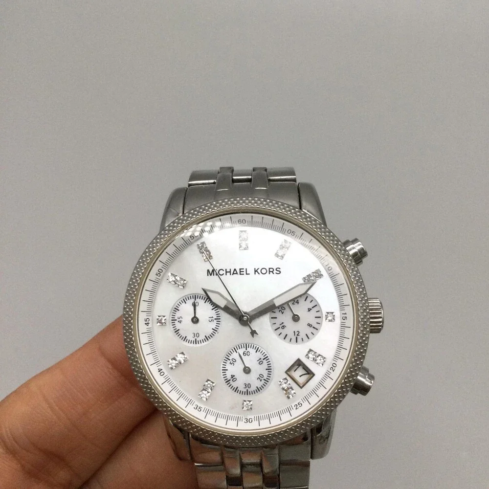 Michael Kors Womens Watch 36mm MOP Dial Stainless Chronograph New Battery 6.75